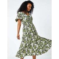 Roman Petite Floral Print Shirred Midi Dress