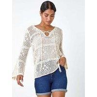 Roman Crochet Tie Front V-Neck Tunic Top - White