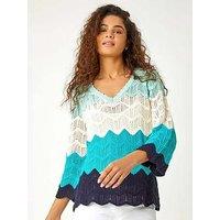 Roman Colour Block Crochet Knit Scalloped Jumper - Blue