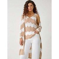 Roman Chevron Stripe Shimmer Longline Cardigan - Beige