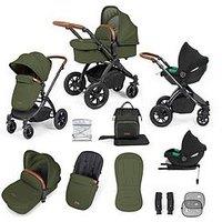 Ickle Bubba Stomp Luxe 12 Piece Travel System With I-Size Cirrus Car Seat & Isofix Base - Black / Woodland / Tan