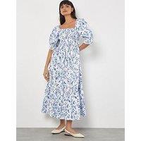 Apricot Rose Smock Milk Maid Cotton Dress - Blue
