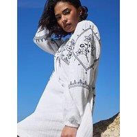Pixiegirl Petite Embroidered Long Sleeve Mini Smock Dress - White