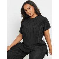 Yours Curve Plisse Grown On Tee Co-Ord - Black