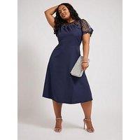 Yours Curve Embroidered Fit And Flare Dress - Blue
