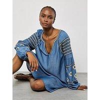 Apricot Denim Balloon Sleeve Dress - Blue