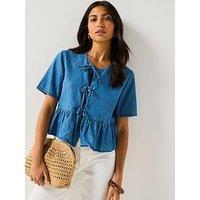 Only Bea Short Sleeve Bow Denim Shirt - Denim - Medium Blue