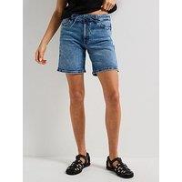 Jdy Lulu Tie Mid Waist Long Denim Shorts - Blue