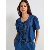 Pieces Denim Short Sleeve Top - Blue