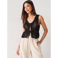 Only Lizzy Life Sleeveless Crochet Knit Tie Vest - Black
