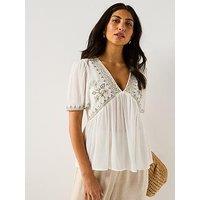 Jdy Harper Short Sleeve V-Neck Embroidery Top - Multi