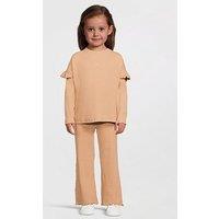 Mini V By Very Girls Frill Sleeve Rib Long Sleeve Top And Flare Legging Set - Camel
