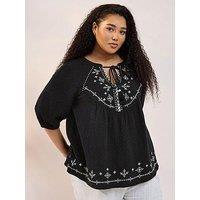 Yours Curve Peasant Cheesecloth Blouse - Black