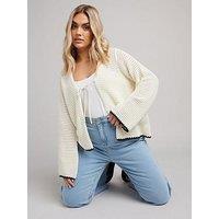 Yours Curve Button Through Crochet Tipped Cardigan - Ivory