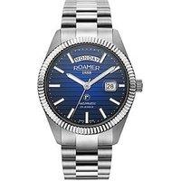 Roamer Of Switzerland Swiss Made Primeline Daydate Automatic Men'S Watch With Blue Striped Dial And Day Date Feature In A Stainless Steel Case And Bracelet