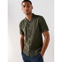 Only & Sons Caiden Slim Fit Short Sleeve Resort Collar Linen Shirt - Dark Green