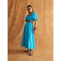 River Island Short Sleeve Shirred Midi Dress - Blue