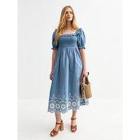 New Look Floral Embroidered Frilly Trim Midi Dress - Blue