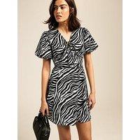 New Look Zebra Print Tie Neck Mini Dress - Black