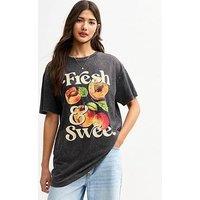 New Look Dark Grey Peaches Oversized Acid Wash T-Shirt