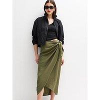 New Look Khaki Crinkled Wrap Midi Skirt