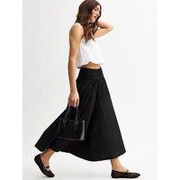 New Look Shirred Waist Poplin Midi Skirt - Black