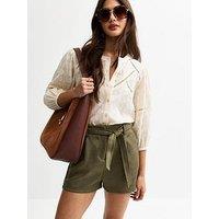 New Look Khaki Belted Faux Suede Shorts - Green