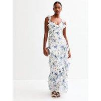 New Look Floral Print Ruffle Trim Midi Dress - Blue