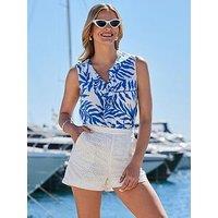 Sosandar Abstract Crinkle Ruffle Front Top - Blue