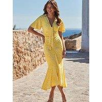 Sosandar Spot Ruched Front Angel Sleeve Tie Detail Midaxi - Yellow