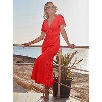 Sosandar Chevron Lace Angel Sleeve Midi Dress - Bright Coral