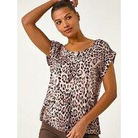 Roman Animal Print Round Neck Top - Tan