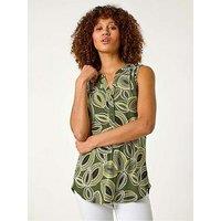 Roman Textured Leaf Print Vest Top - Khaki
