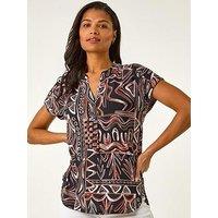 Roman Textured Ikat Print Stretch Top - Rust