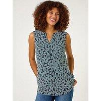 Roman Textured Leaf Print Stretch Top - Teal