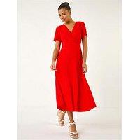 Roman Textured Wrap Bodice Midi Dress - Red