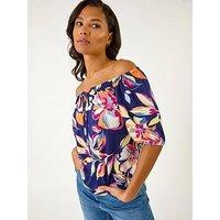 Roman Floral Print Bardot Stretch Top - Navy
