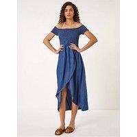 Roman Bardot Shirred Maxi Dress - Denim