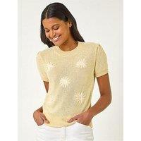 Roman Daisy Sequin Embroidered Knit Top - Lemon