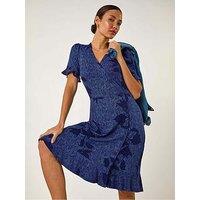 Roman Floral Side Button Dress - Navy