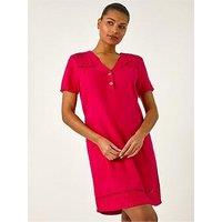 Roman Linen Mix Button Shift Dress - Red