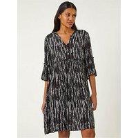 Roman Abstract Crinkle Smock Dress - Black