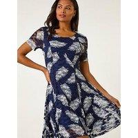 Roman Leaf Print Lace Stretch Dress - Navy