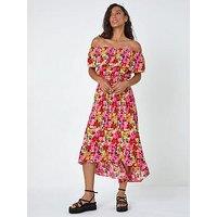 Roman Floral Print Shirred Midi Dress - Pink