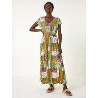 Roman Patchwork Shirred Maxi Dress - Khaki