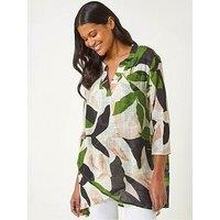 Roman Leaf Print Wrap Front Tunic Top - Green