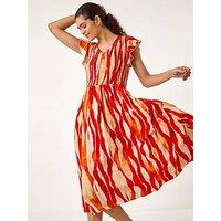 Roman Wave Print Shirred Midi Dress - Red