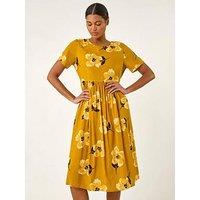 Roman Floral Print Smock Midi Dress - Yellow
