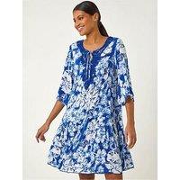 Roman Shadow Floral Lace Smock Dress - Blue