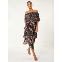 Roman Bardot Ditsy Floral Midi Dress - Black